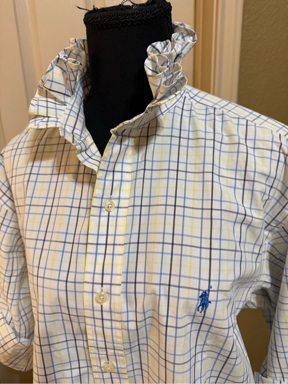 Upcycled Classic Ralph Lauren Blue and Yellow Plaid Button-Down Shirt L/XL - Picture 3 of 10